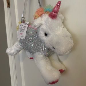 Capelli Unicorn plush purse with zipper silver glitter color